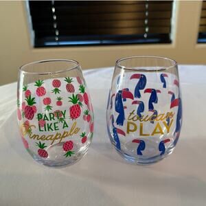 Set of 2 Tropical Summer Stemless Wine Glasses-Pineapple & Toucan Designs